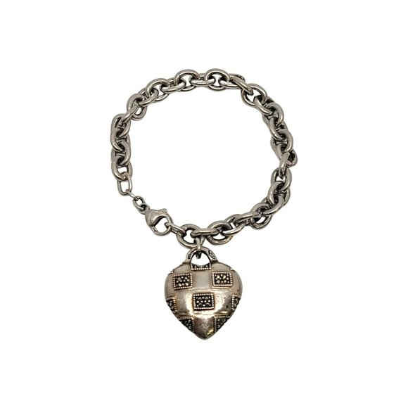 Vintage Judith Jack Sterling Silver Marcasite Heart Charm Dangle Bracelet #10409 - Picture 2 of 8